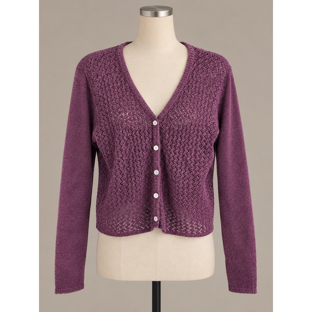 A. Byer Purple Crochet Knit V-Neck Button Front Crop Cardigan Size M